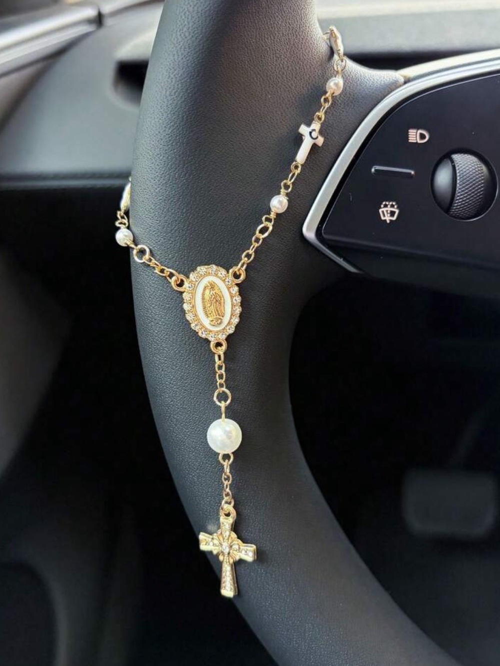1pc Pink Pearl Cross Steering Wheel Rosary Ornament, Rosary Car Pendant Accessor